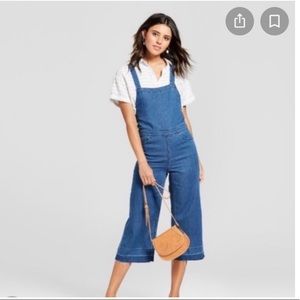 Tie back cropped denim overalls